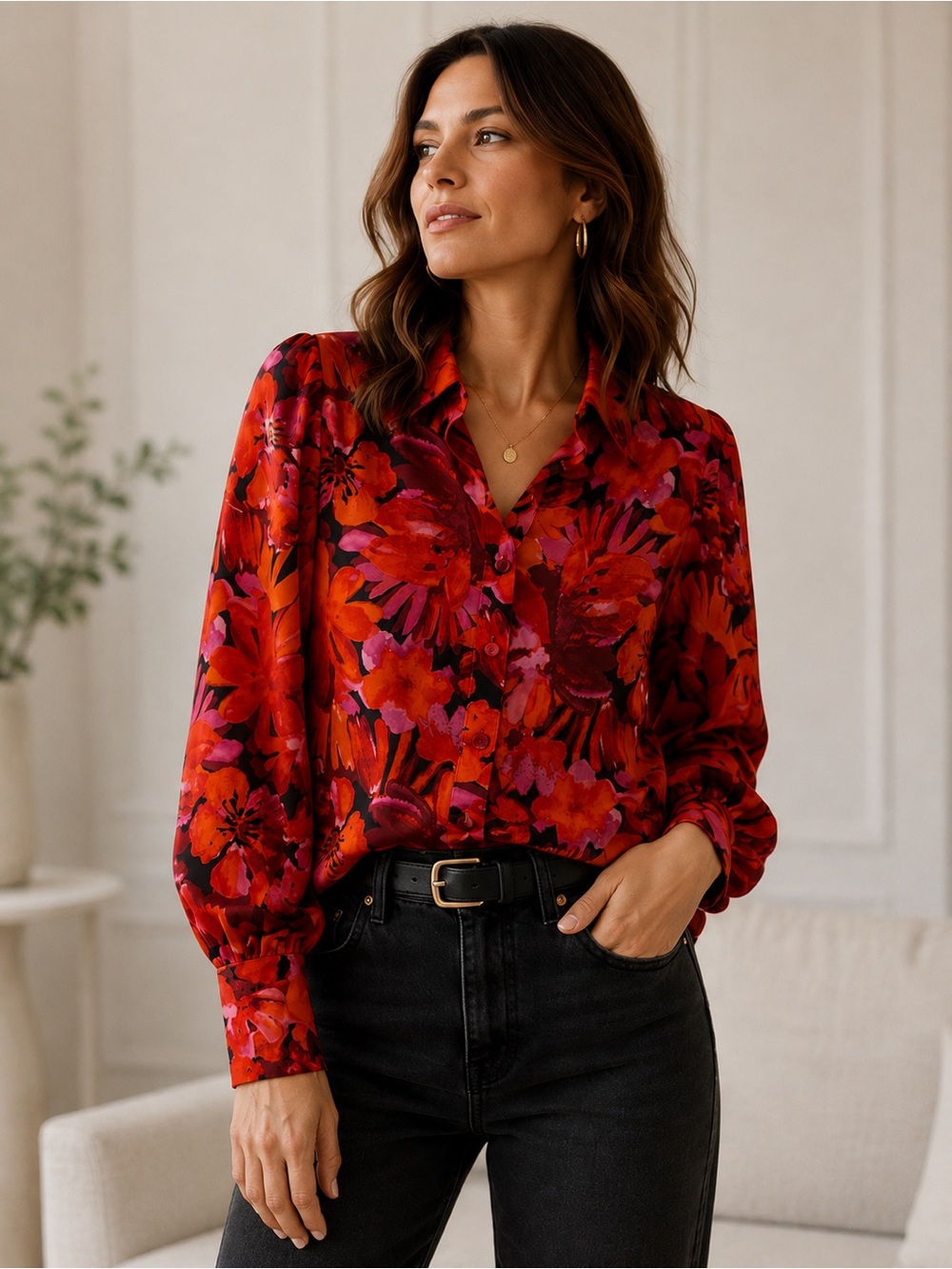 Bold Red Floral Blouse Statement Print Structured Button Front Small